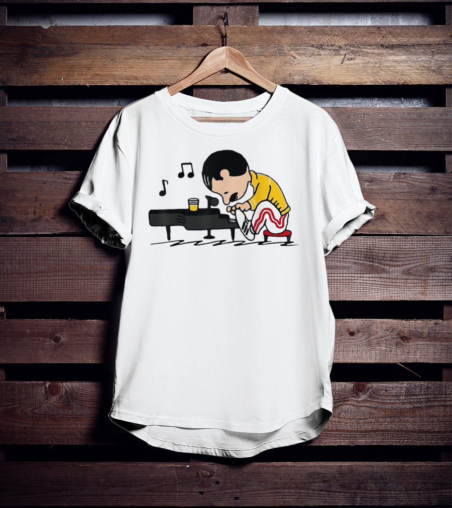Freddie Peanuts Character Playing Piano With Yellow Jacket And Red Striped Pants T-Shirt