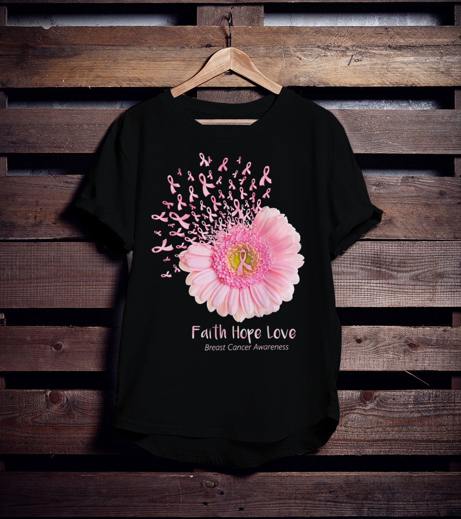 Faith Hope Love Breast Cancer Awareness Pink Ribbon Flower Explosion T-Shirt