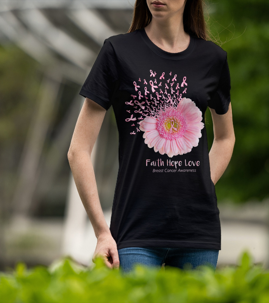 Faith Hope Love Breast Cancer Awareness Pink Ribbon Flower Explosion T-Shirt
