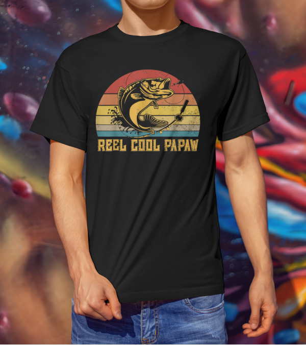 Father's Day Vintage Reel Cool Papaw Fishing Retro Stripes T-Shirt