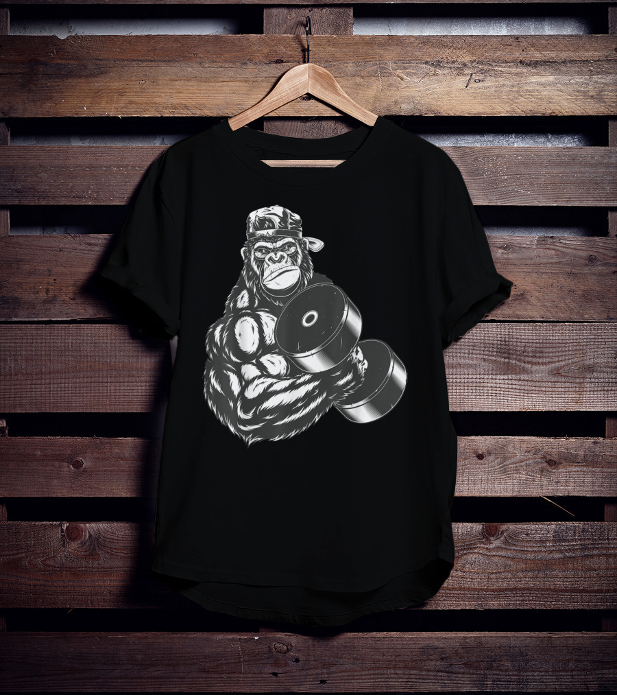 Ferocious Gorilla Bodybuilder Lifting Large Dumbbell In Cap T-Shirt