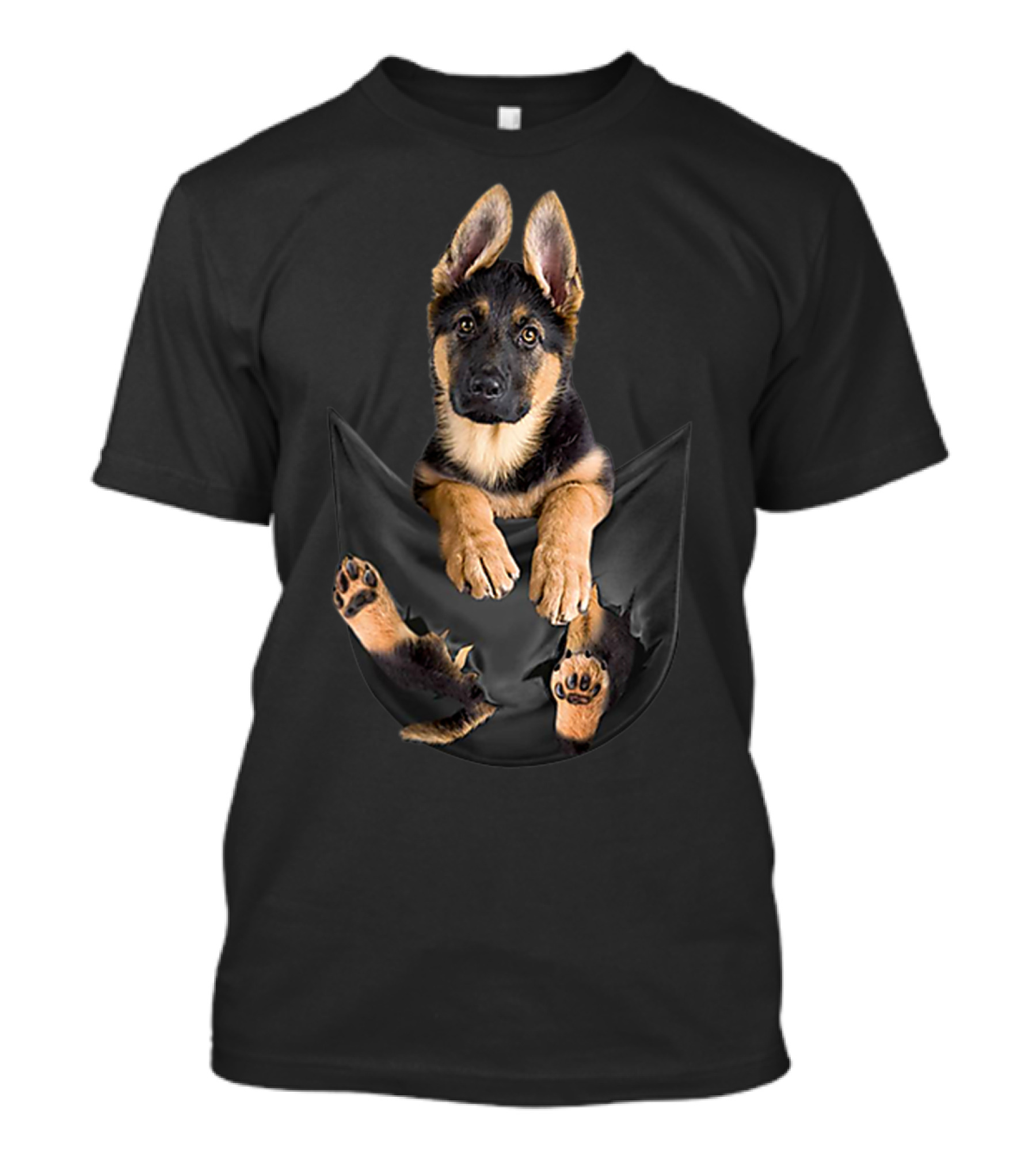 German Shepherd Puppy Paws Tearing Through Black Pocket T-Shirt