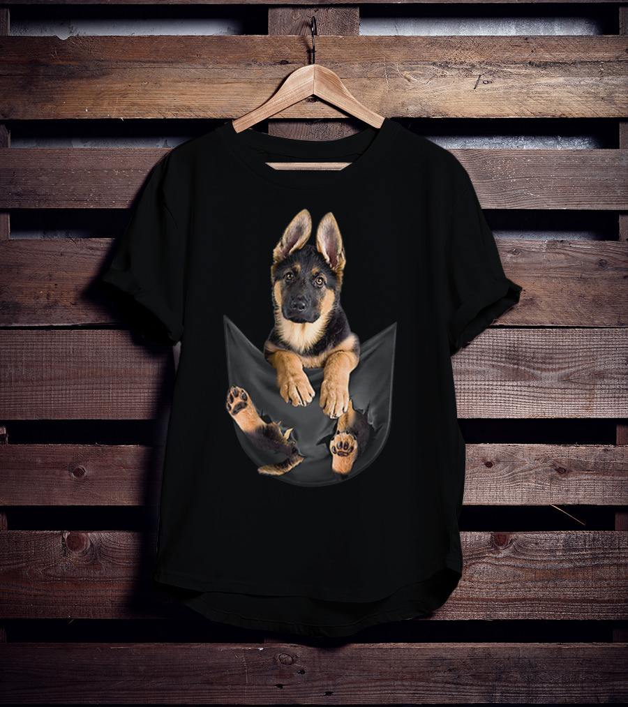 German Shepherd Puppy Paws Tearing Through Black Pocket T-Shirt