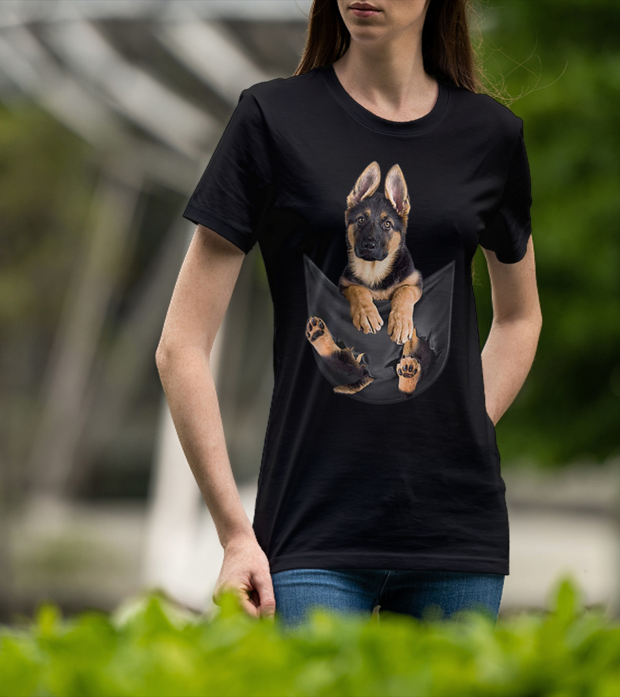 German Shepherd Puppy Paws Tearing Through Black Pocket T-Shirt