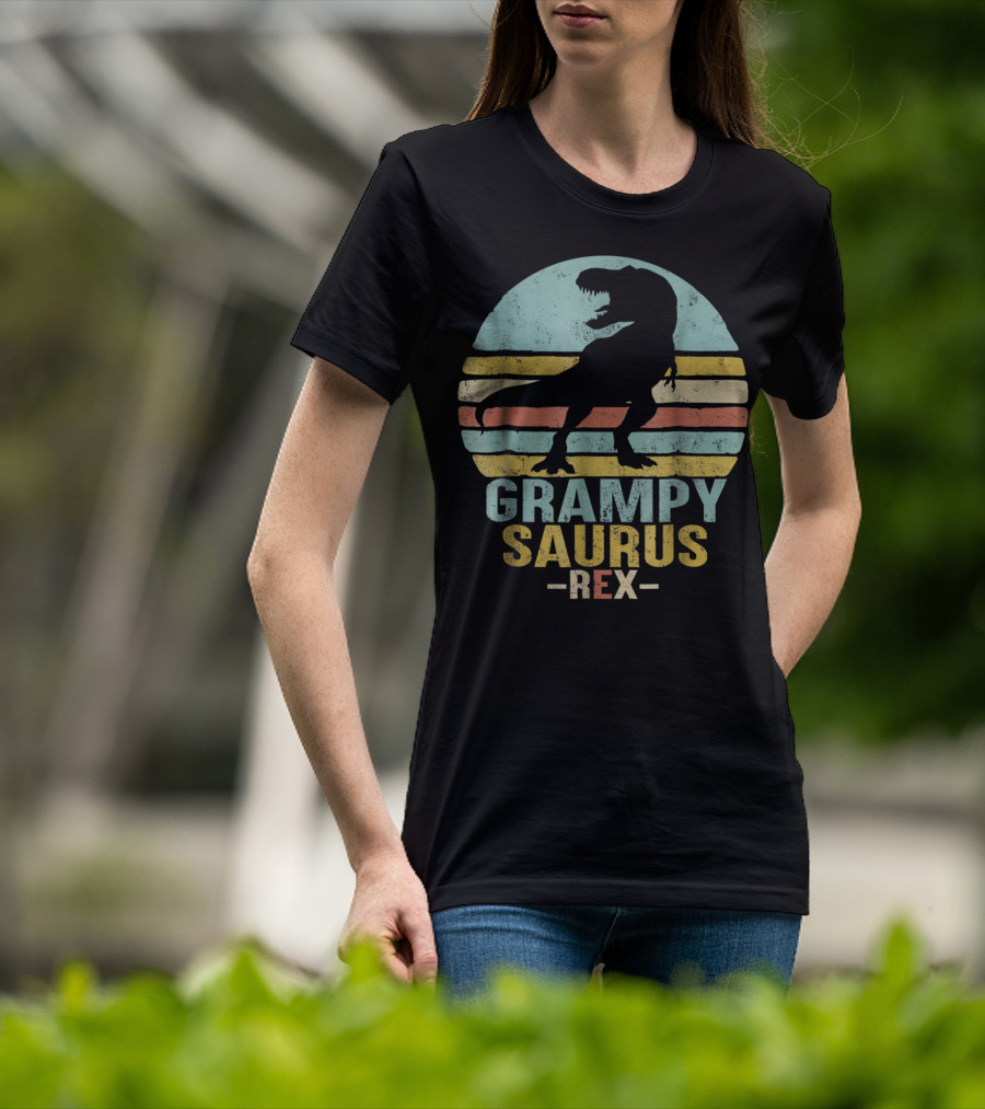 Grampysaurus Rex Funny Dinosaur Retro Sunset Stripes Grampy Sau T-Shirt