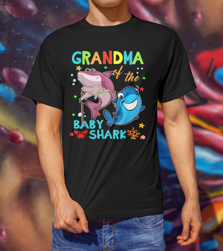 Grandma Of The Baby Shark With Colorful Cartoon Sharks And Sea Creatures T-Shirt