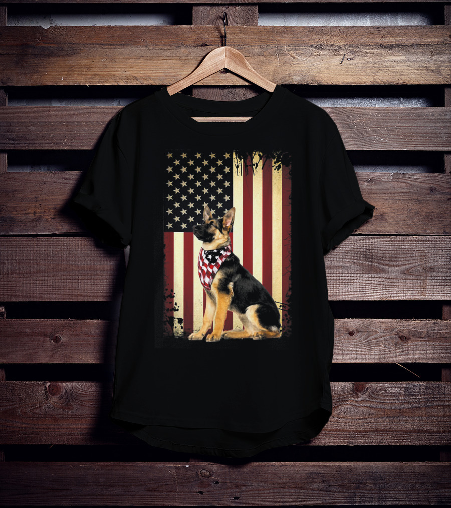German Shepherd With American Flag Bandana In Front Of Stars And Stripes Flag T-Shirt