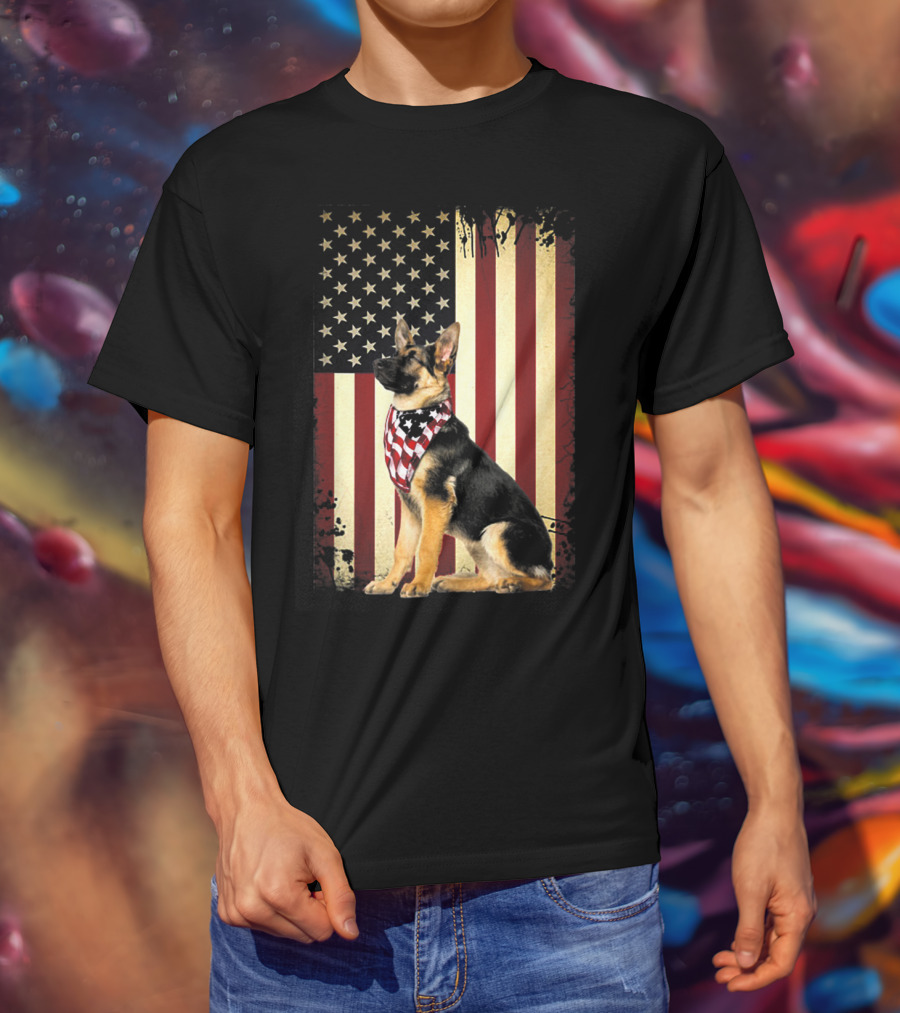 German Shepherd With American Flag Bandana In Front Of Stars And Stripes Flag T-Shirt