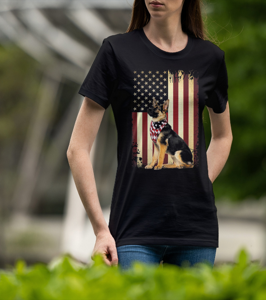 German Shepherd With American Flag Bandana In Front Of Stars And Stripes Flag T-Shirt