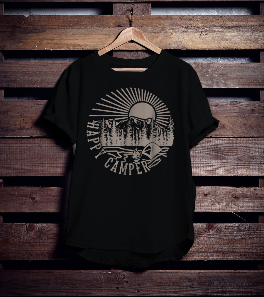 Happy Camper With Tent, Trees, Mountains, And Sunburst T-Shirt