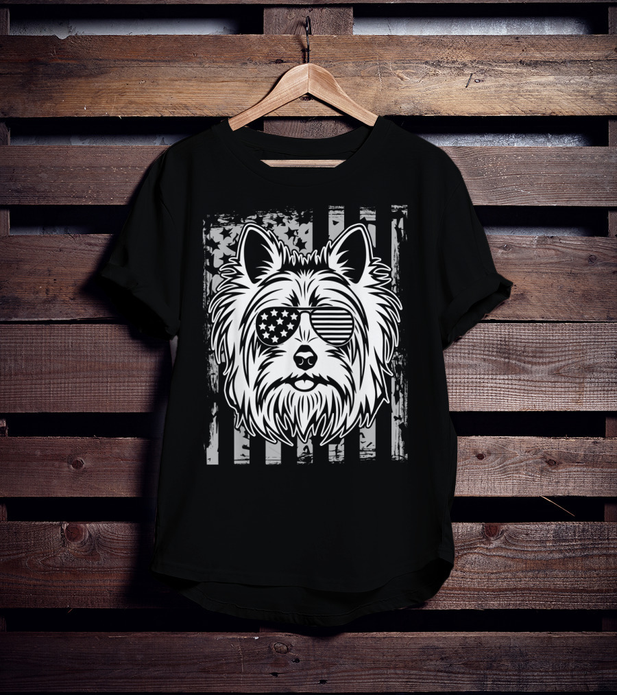 Vintage US Flag Sunglasses Yorkshire Terrier Face On Black Grunge Flag Background T-Shirt