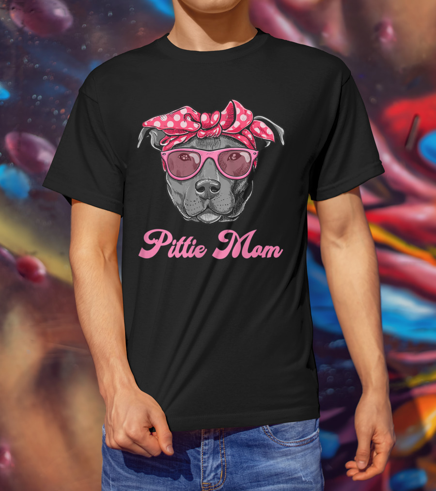 Pittie Mom Pitbull Dog With Polka Dot Bandana And Sunglasses T-Shirt
