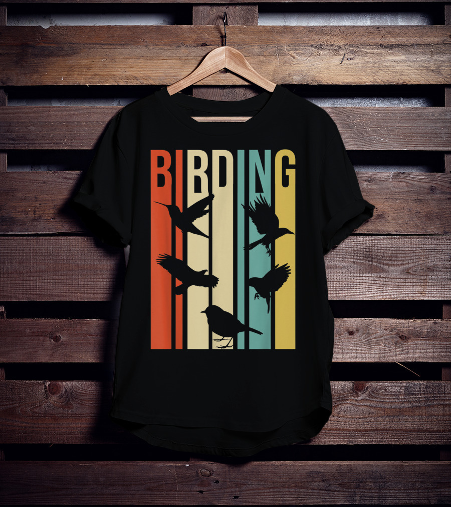 Vintage Style Birding For Birders With Silhouette Birds In Colorful Stripes T-Shirt