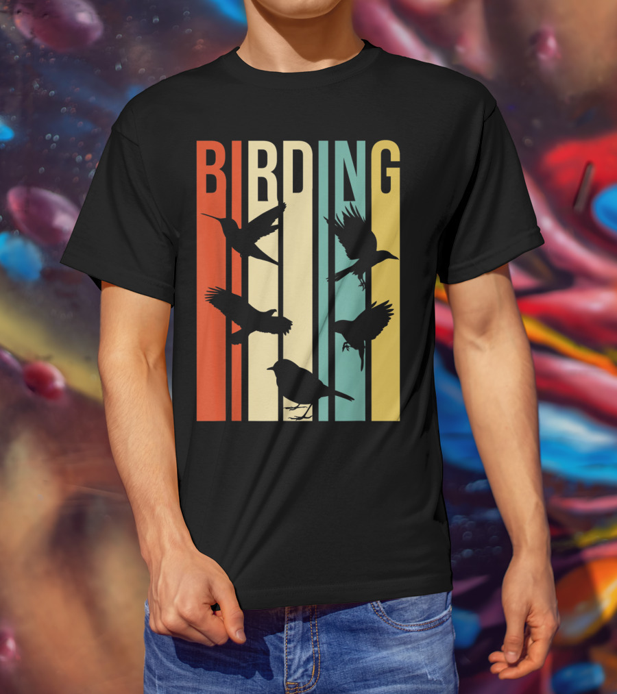 Vintage Style Birding For Birders With Silhouette Birds In Colorful Stripes T-Shirt