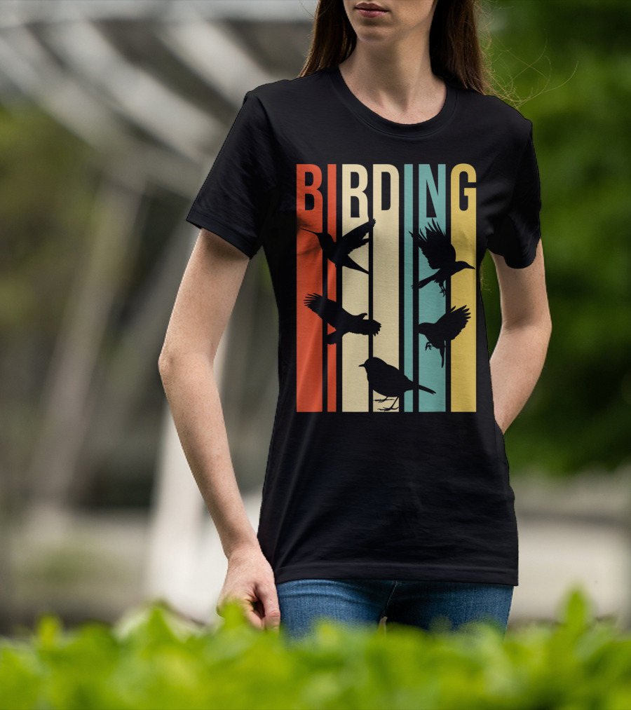 Vintage Style Birding For Birders With Silhouette Birds In Colorful Stripes T-Shirt