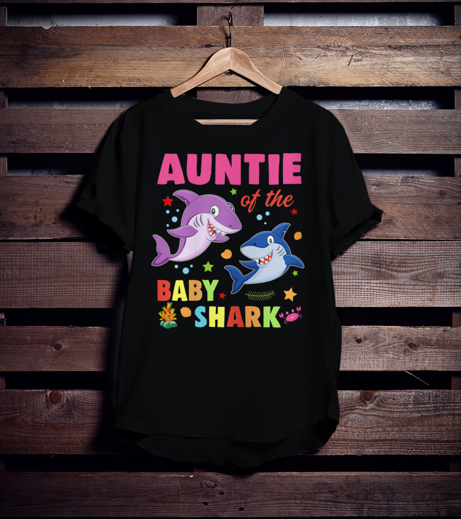 Auntie Of The Baby Shark Birthday Colorful Cartoon Sea Creatures T-Shirt