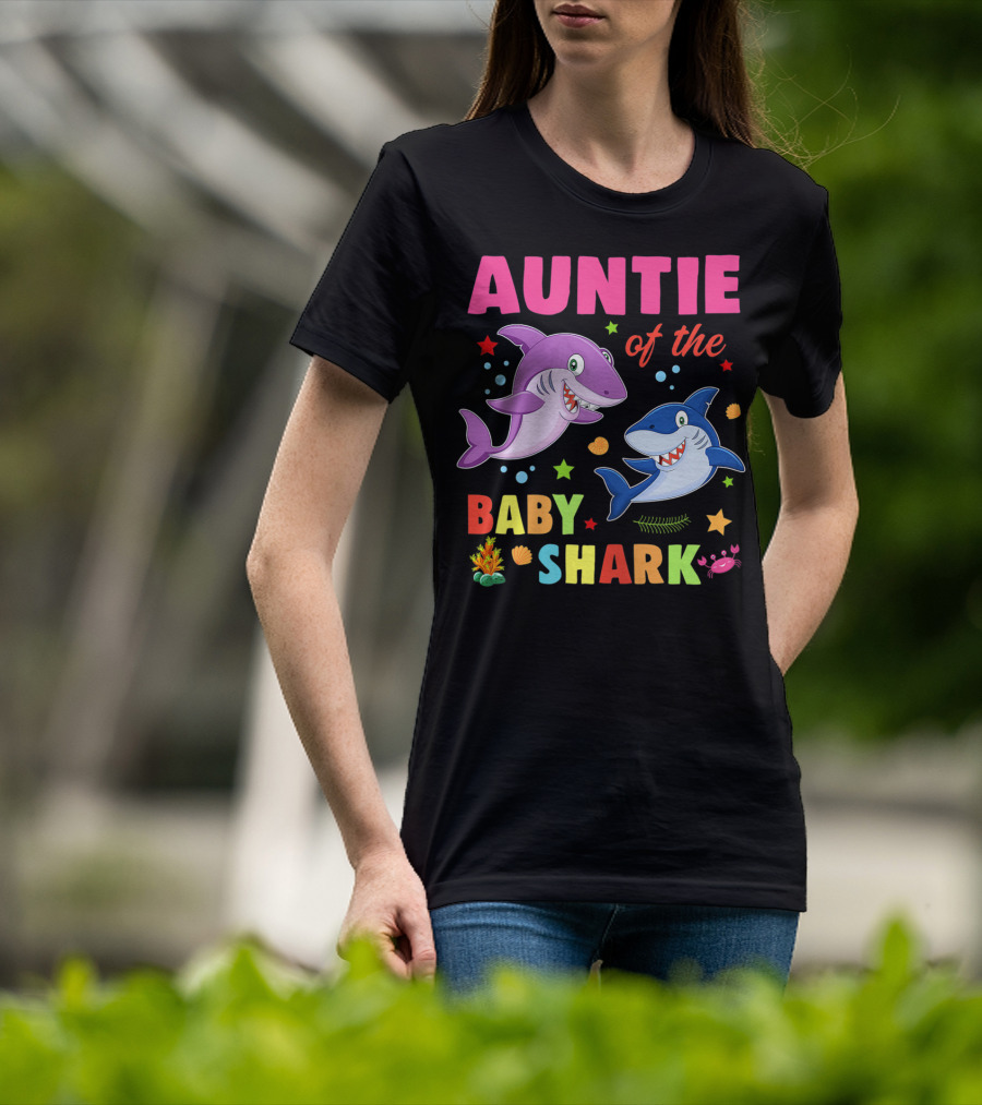 Auntie Of The Baby Shark Birthday Colorful Cartoon Sea Creatures T-Shirt