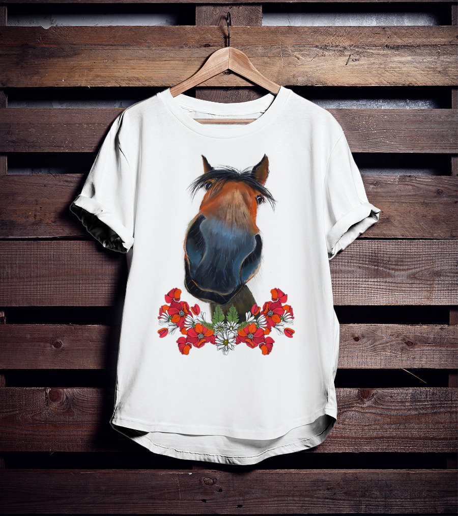 Adorable Horse With Red And White Flowers T-Shirt