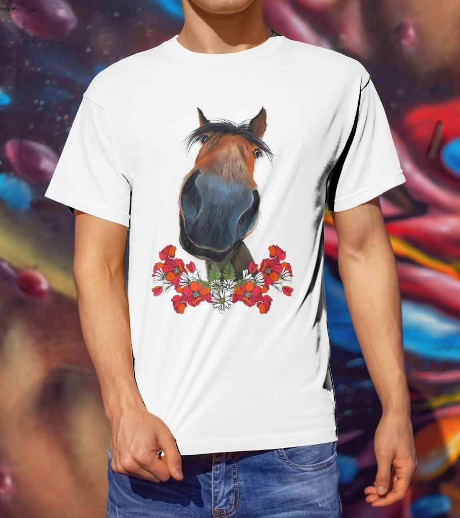 Adorable Horse With Red And White Flowers T-Shirt