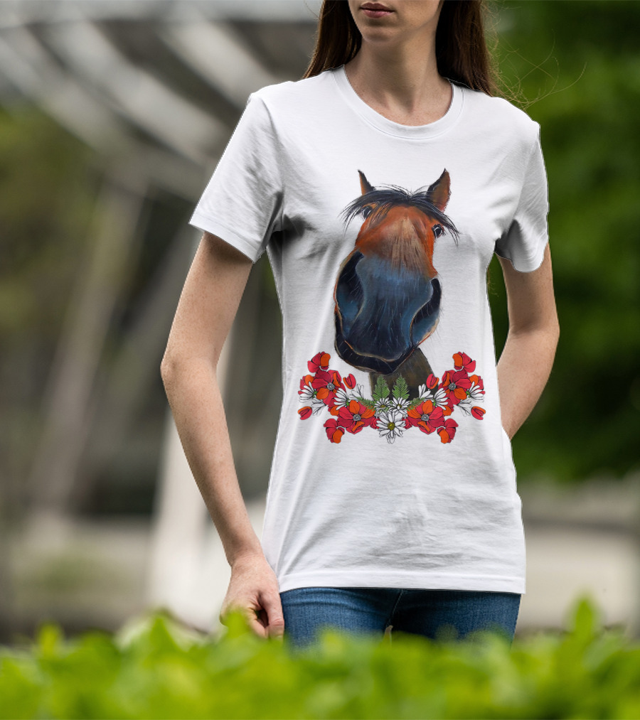 Adorable Horse With Red And White Flowers T-Shirt