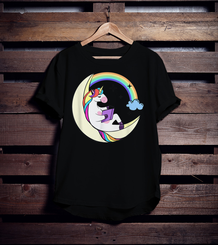 Unicorn Reading Book On Moon With Rainbow And Stars T-Shirt