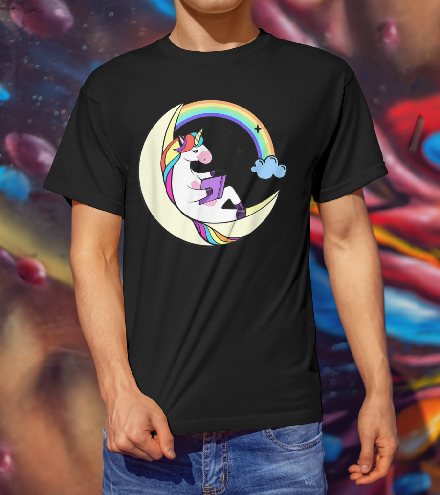 Unicorn Reading Book On Moon With Rainbow And Stars T-Shirt