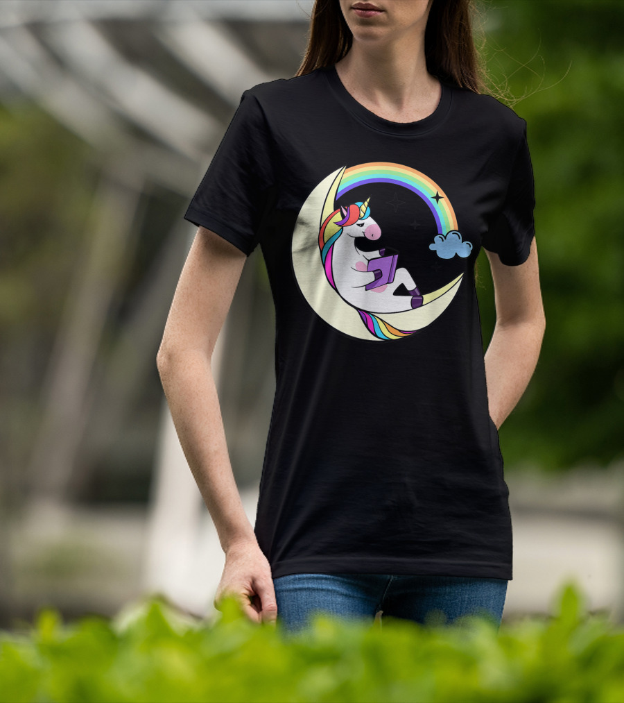 Unicorn Reading Book On Moon With Rainbow And Stars T-Shirt