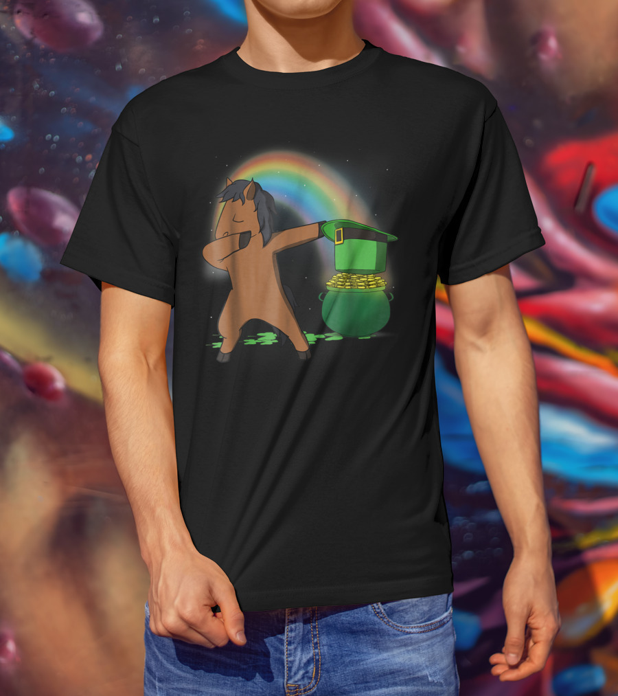 Dabbing Horse Leprechaun With Pot Of Gold And Rainbow T-Shirt
