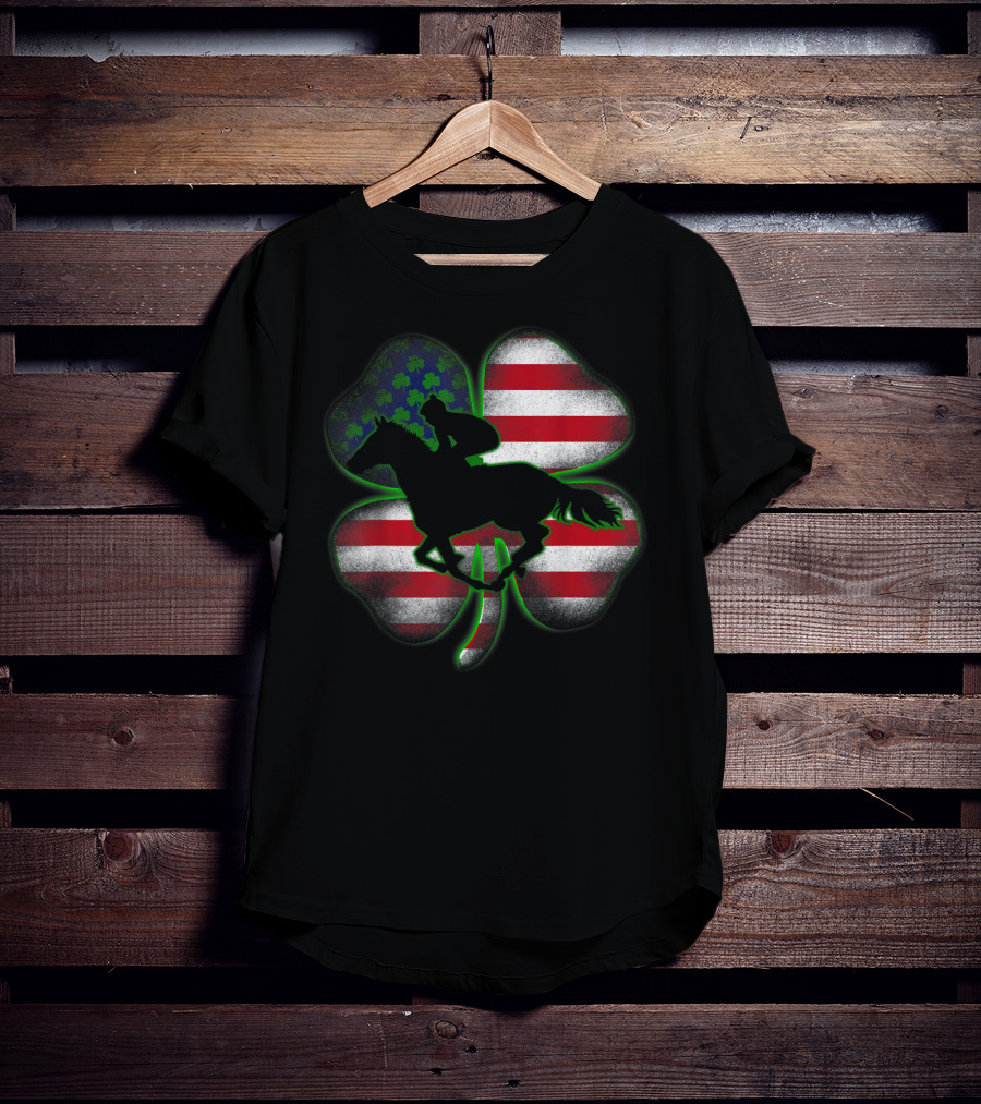 Distressed Horse Racing Shamrocks American Flag St 8W T-Shirt