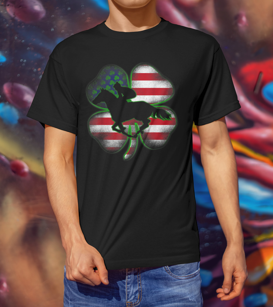 Distressed Horse Racing Shamrocks American Flag St 8W T-Shirt