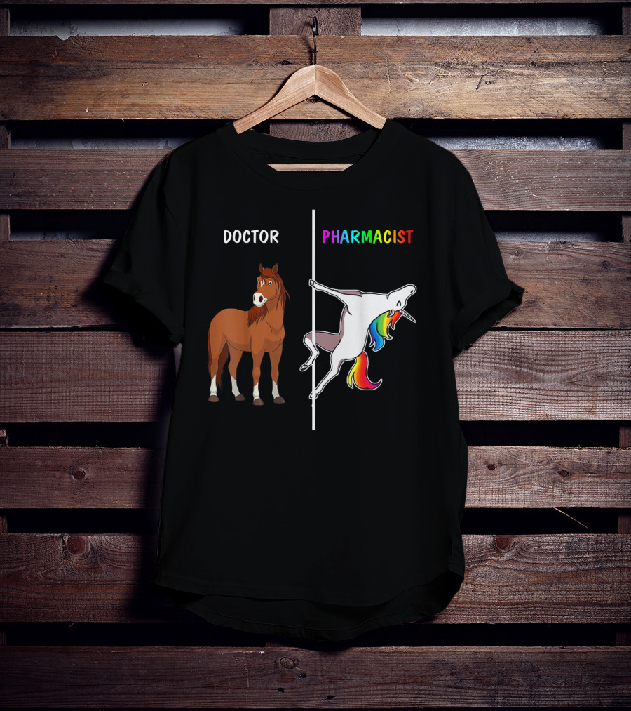 Doctor Horse Vs. Pharmacist Unicorn Rainbow Contrast T-Shirt