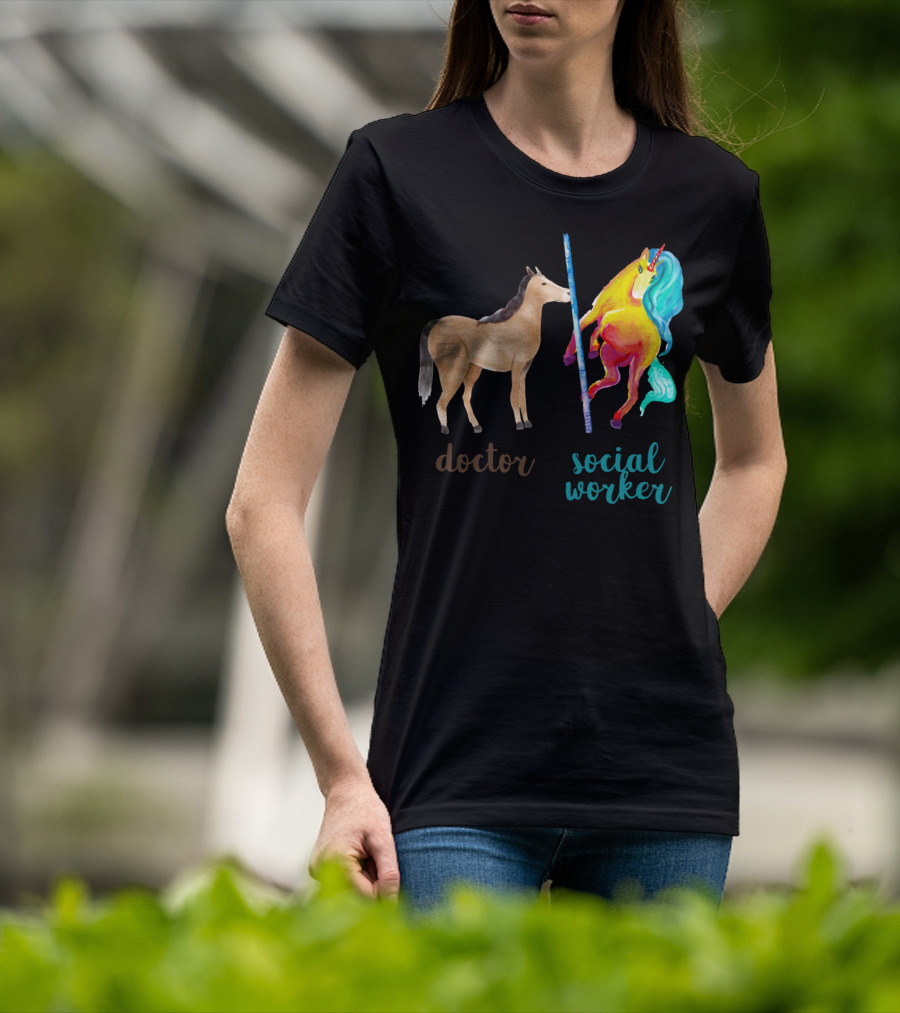 Doctor Horse And Social Worker Unicorn With Pole T-Shirt