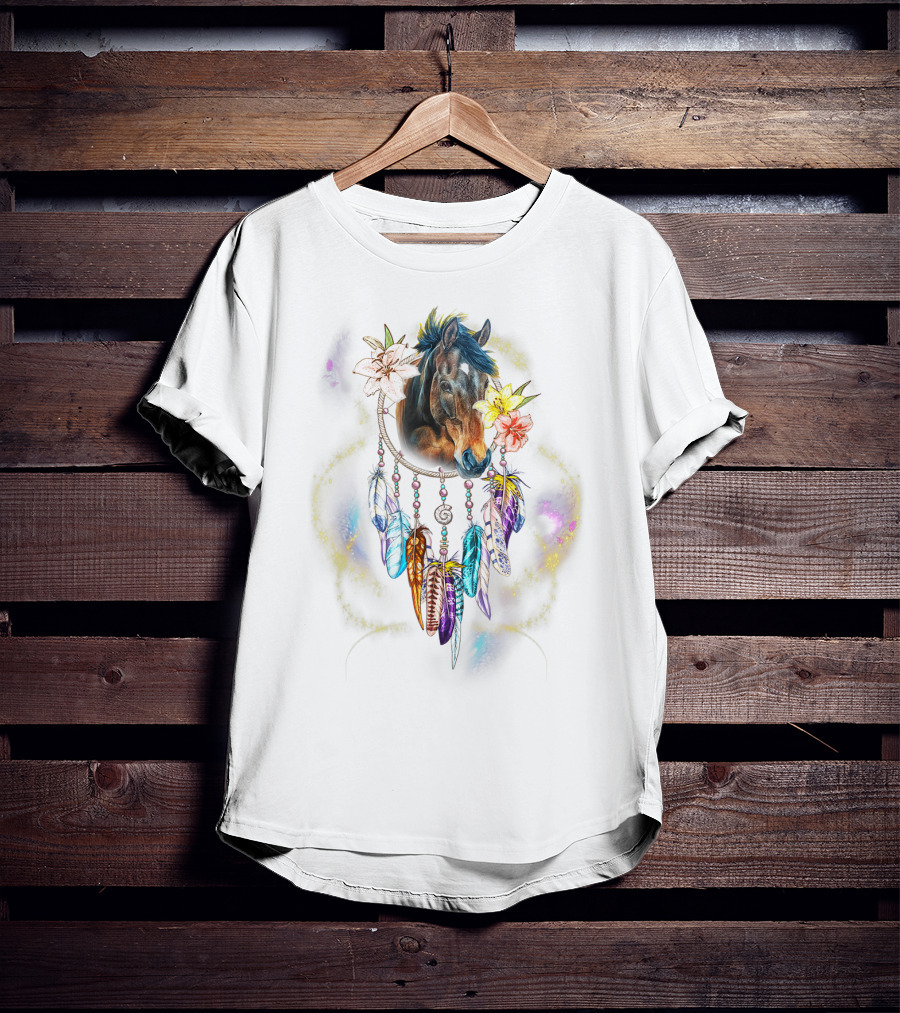 Dream Catcher Horse With Feathers And Flowers For Animal Lovers T-Shirt