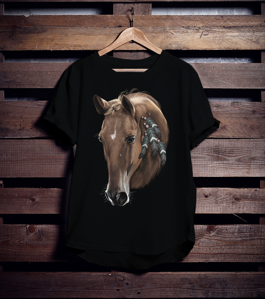 Cute Brown Tribal Horse With Feather Adornments T-Shirt