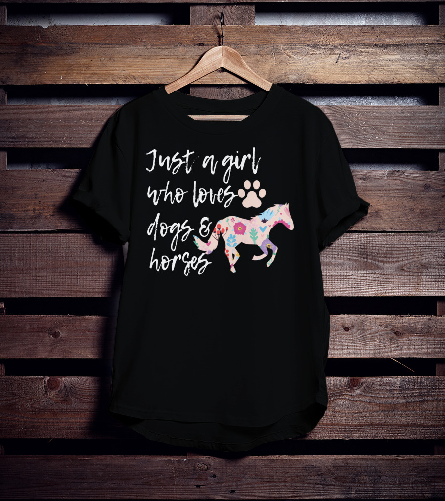 Just A Girl Who Loves Dogs And Horses Floral Horse Paw Prints T-Shirt