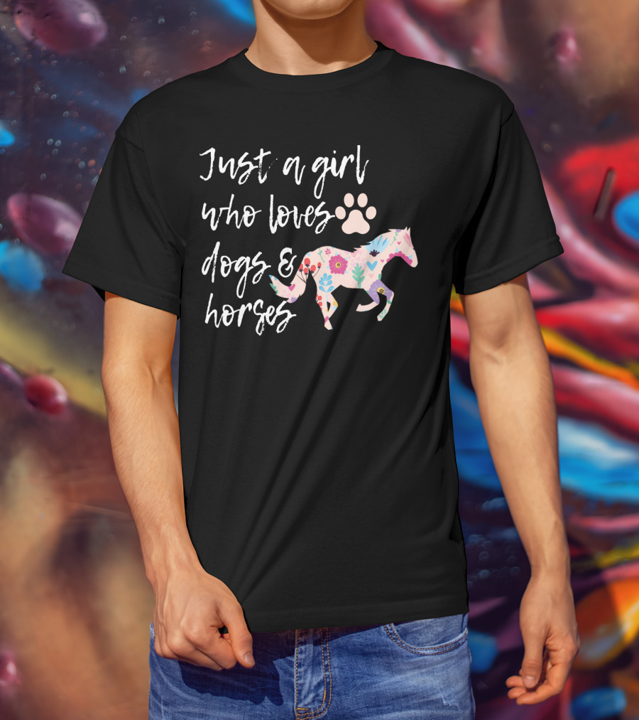 Just A Girl Who Loves Dogs And Horses Floral Horse Paw Prints T-Shirt