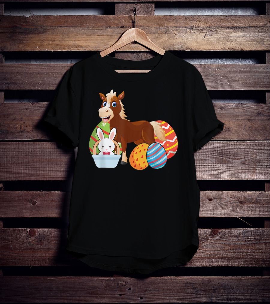 Funny Easter Horse Bunny With Colorful Eggs Happy Easter T-Shirt
