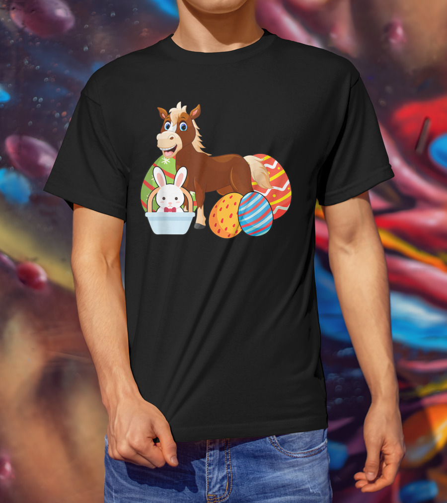 Funny Easter Horse Bunny With Colorful Eggs Happy Easter T-Shirt
