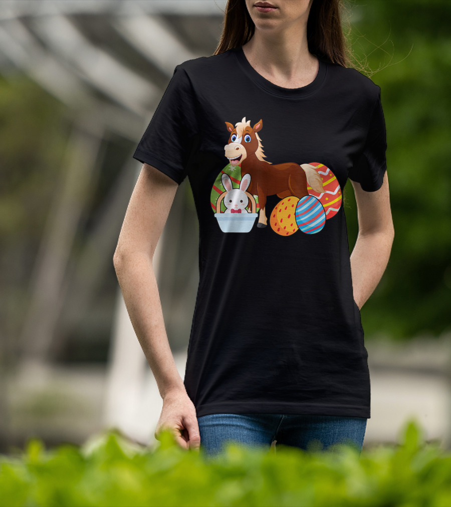 Funny Easter Horse Bunny With Colorful Eggs Happy Easter T-Shirt