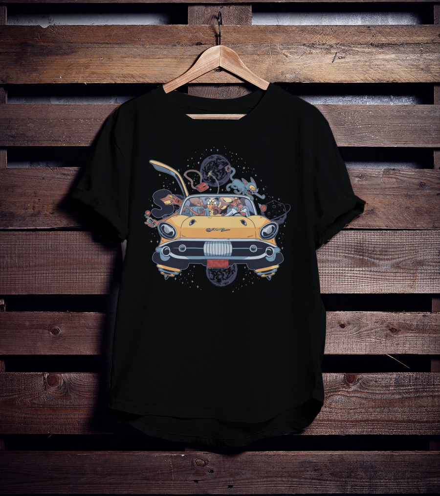 90s Alien Head Extraterrestrial Family In Classic Car With Space Creatures T-Shirt