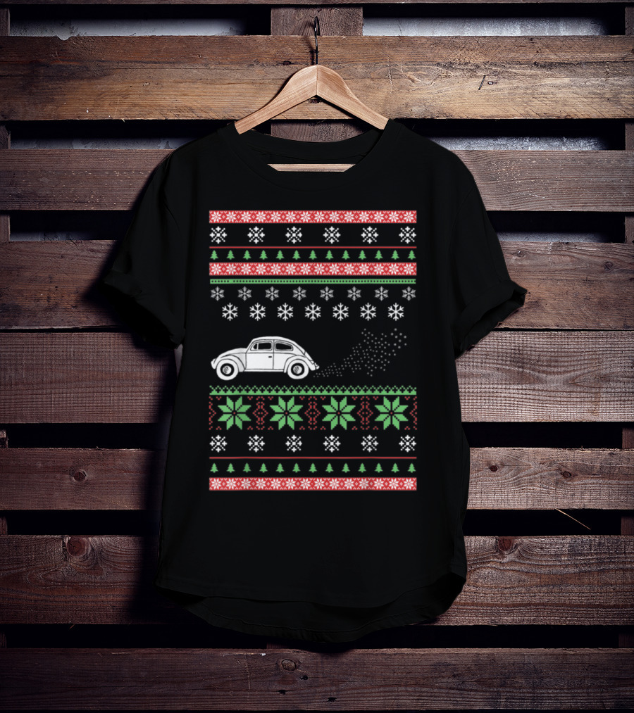 Classic Car Ugly Christmas Sweater Style Snowflakes And Trees T-Shirt