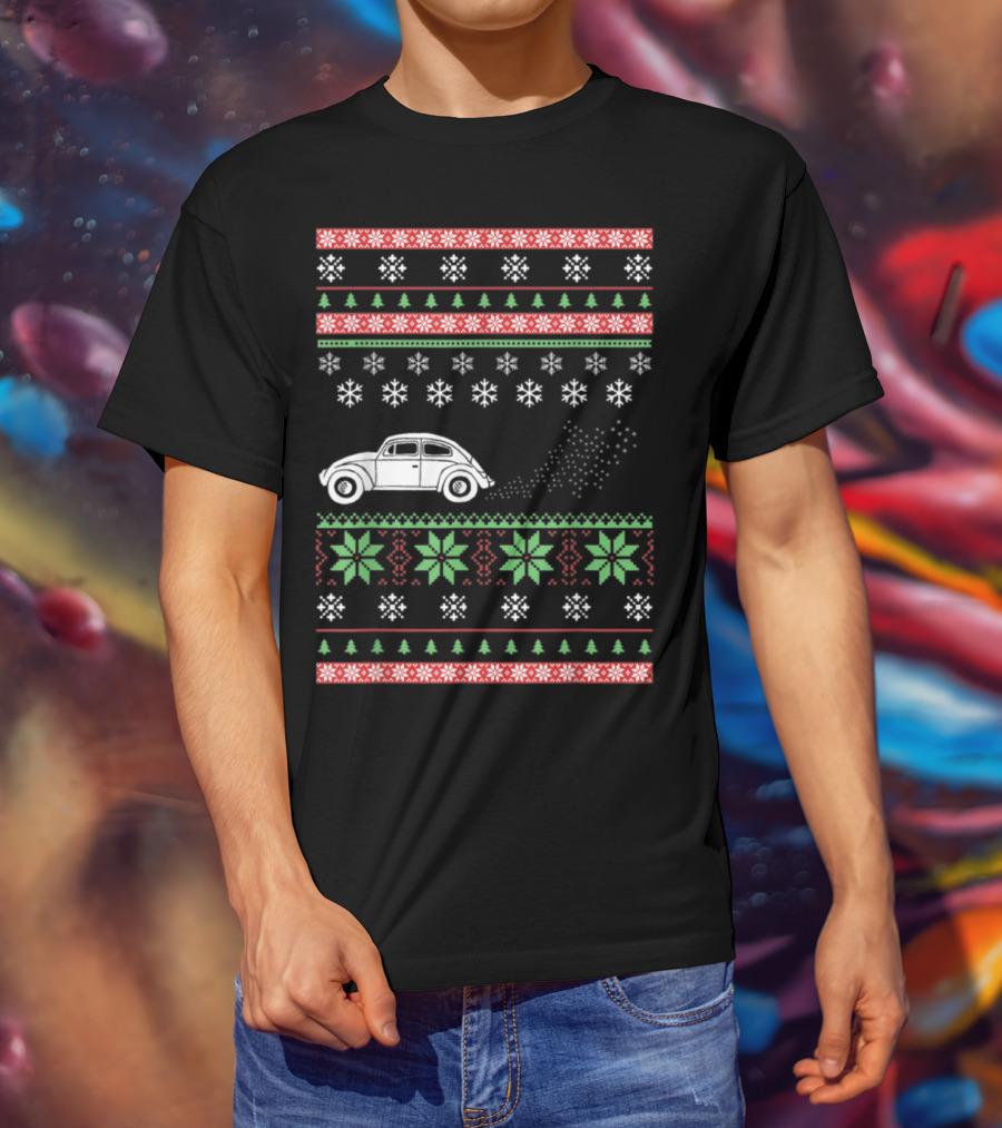 Classic Car Ugly Christmas Sweater Style Snowflakes And Trees T-Shirt