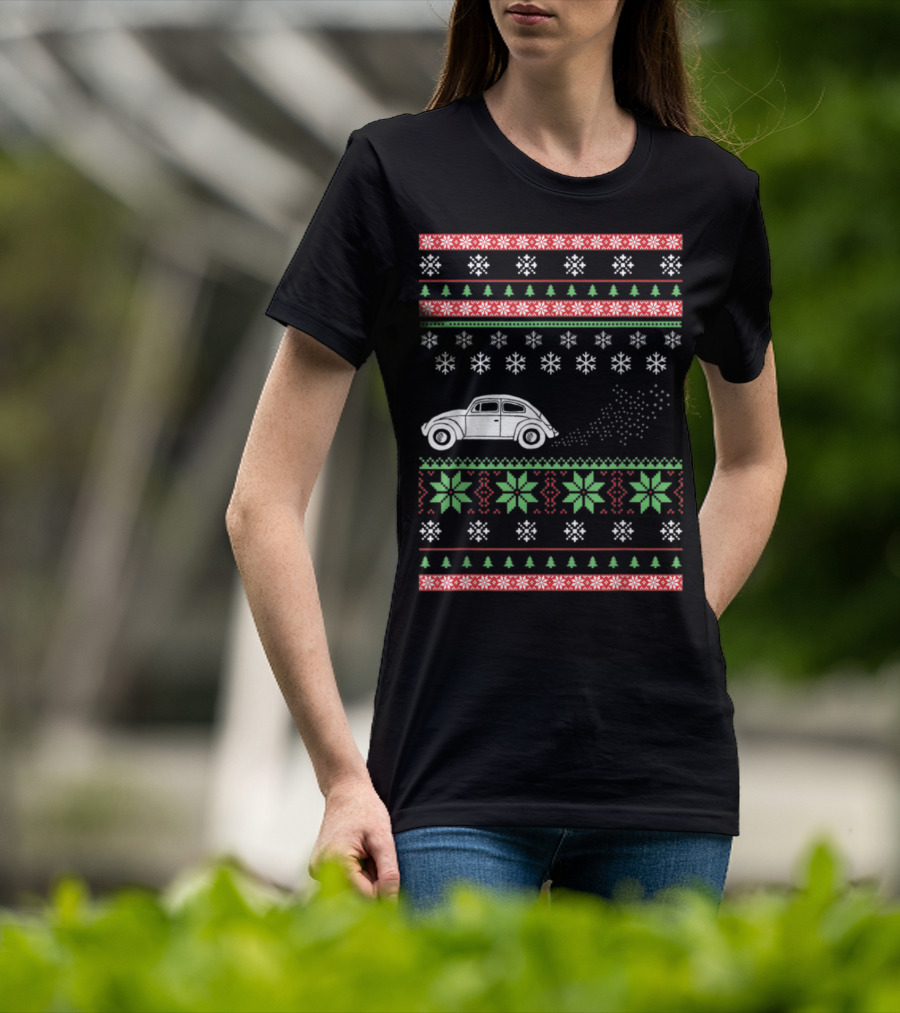 Classic Car Ugly Christmas Sweater Style Snowflakes And Trees T-Shirt