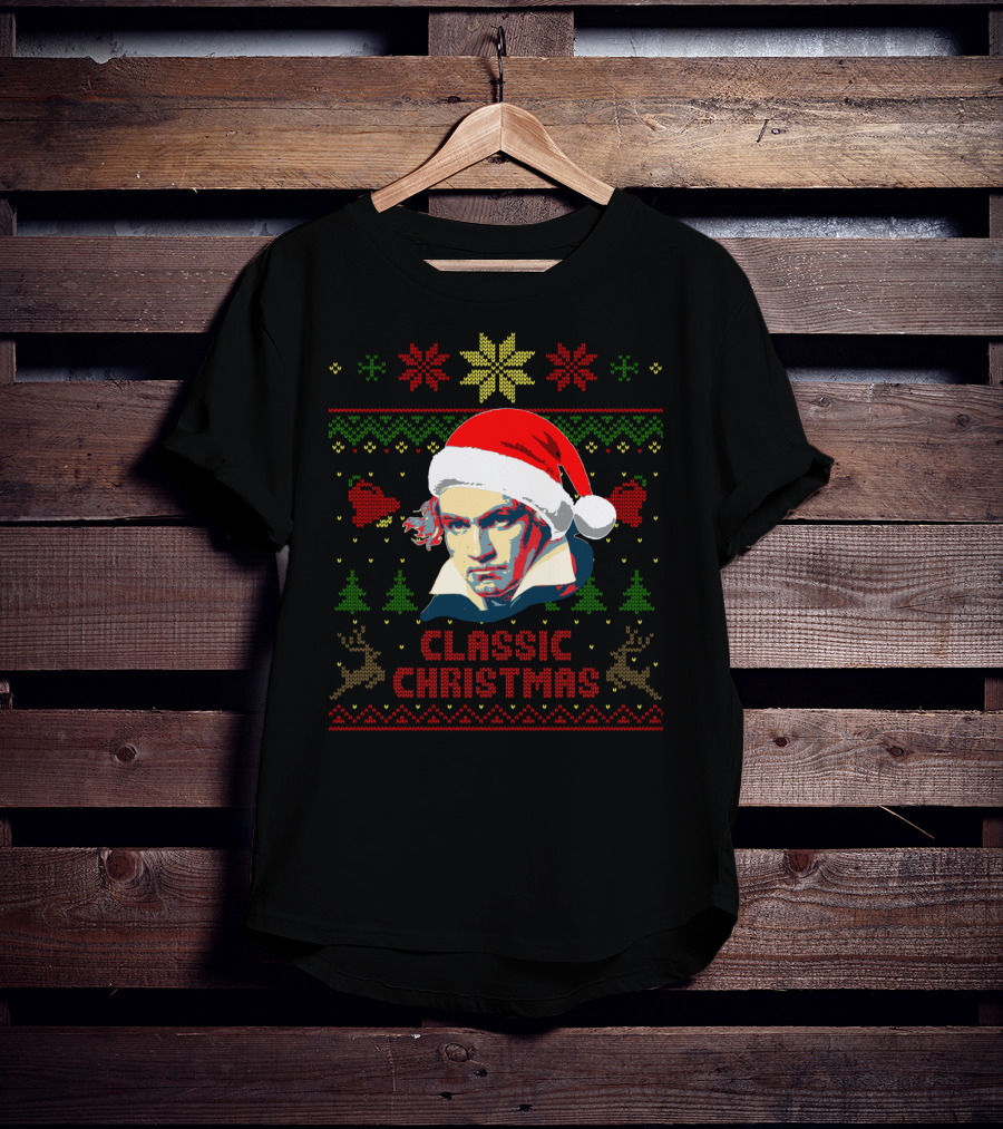 Classic Christmas Beethoven Santa Hat Reindeer Snowflakes T-Shirt