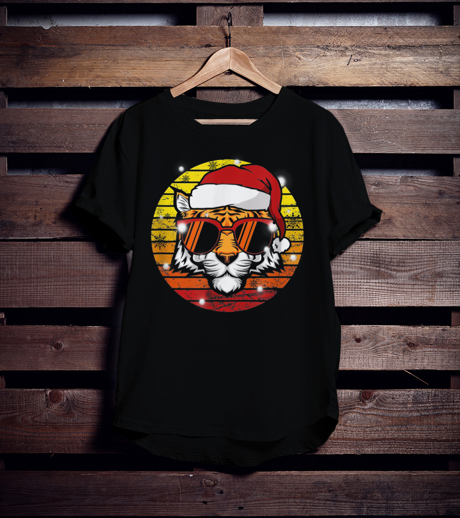 Christmas Tiger Wearing Vintage Santa Hat With Retro Sunglasses T-Shirt