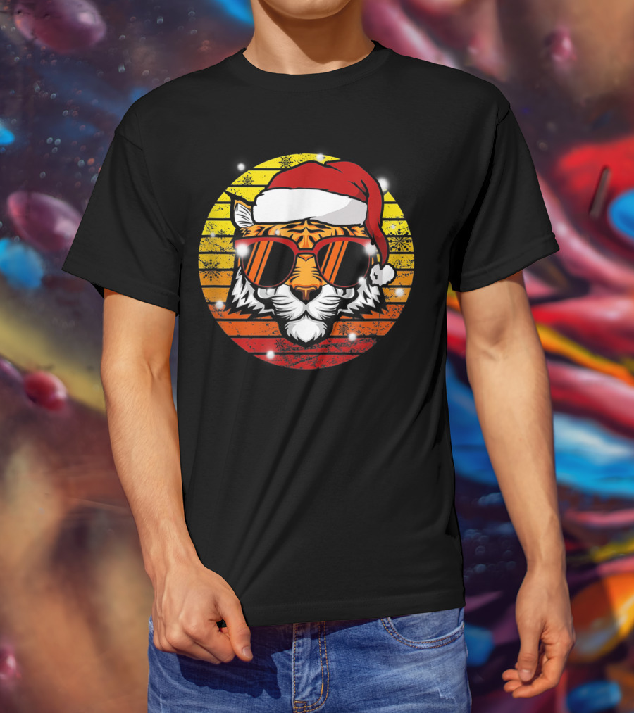 Christmas Tiger Wearing Vintage Santa Hat With Retro Sunglasses T-Shirt
