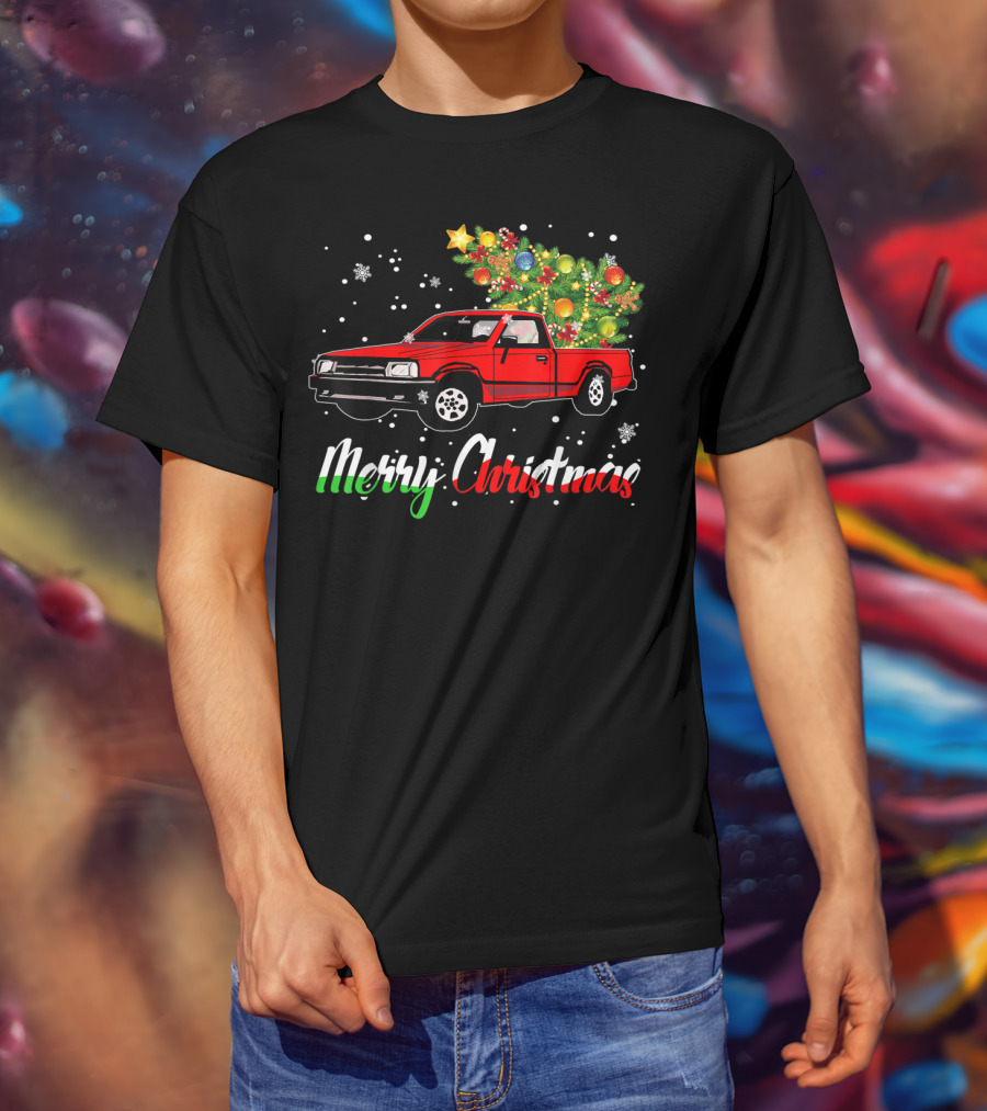 Merry Christmas Classic Old Red Truck With Christmas Tree And Snowflakes T-Shirt