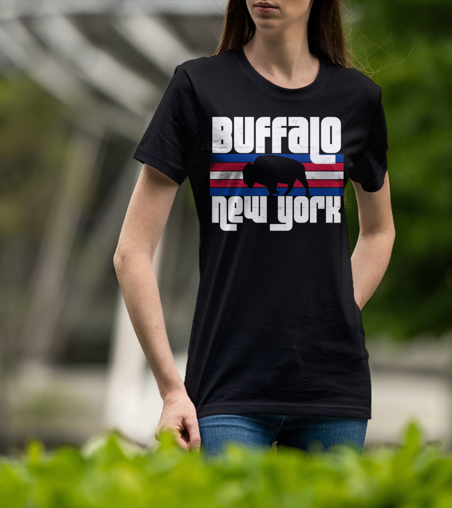 Buffalo New York Bison Silhouette Retro Stripes T-Shirt
