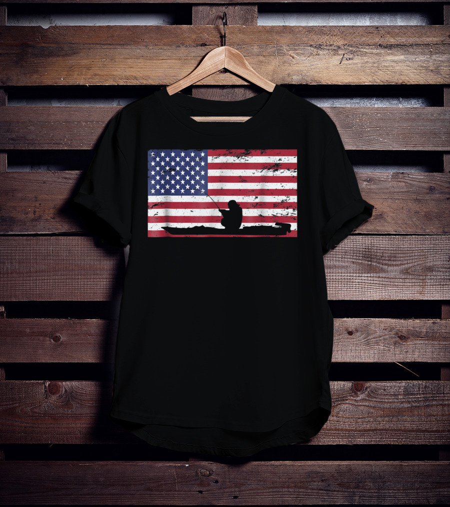 Kayak Fishing Silhouette On Distressed American Flag T-Shirt