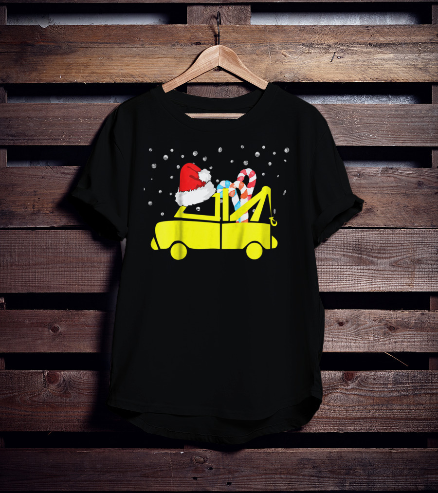 Kids Tow Truck Boys Christmas Santa Hat Candy Cane Snow T-Shirt